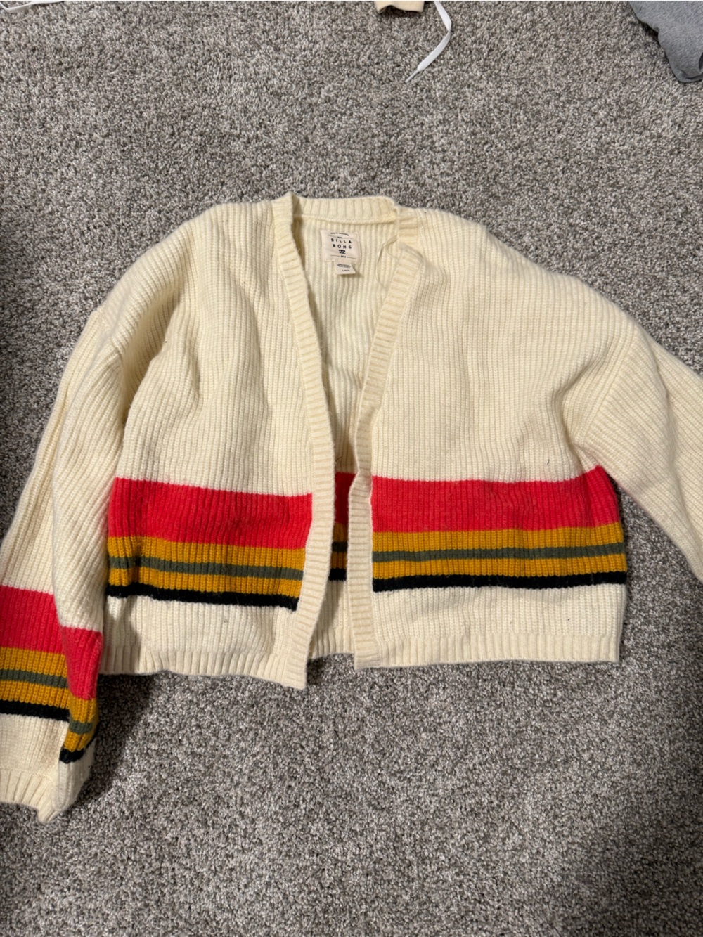Billabong Cream Open-Front Cardigan with Red, Gold, and Black Stripes